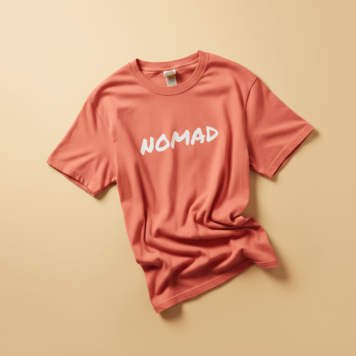 NOMAD Tee in Bright Salmon/Coral — front graphic, warm sand studio background