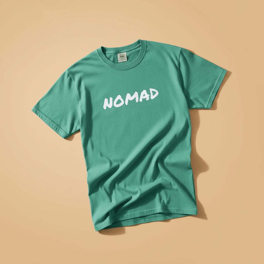 NOMAD Tee in Island Green — front graphic, warm sand studio background