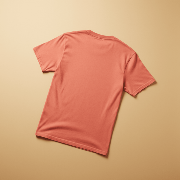 NOMAD Tee in Bright Salmon/Coral — plain back, warm sand studio background