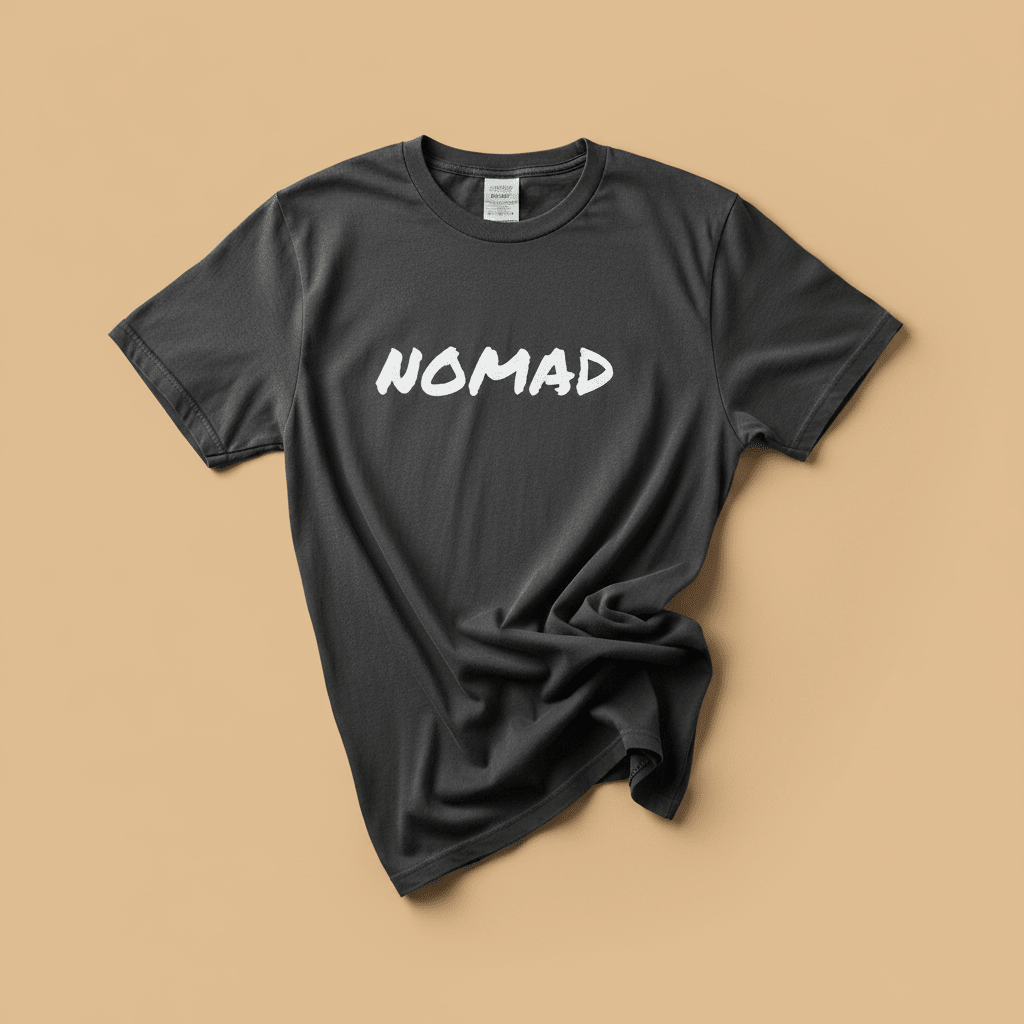 NOMAD Tee in Pepper/Charcoal — front graphic, warm sand studio background
