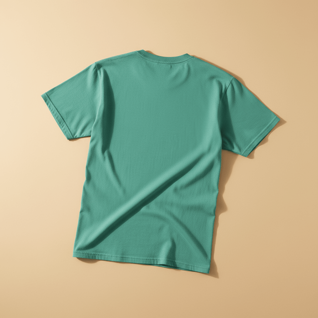 NOMAD Tee in Island Green — plain back, warm sand studio background
