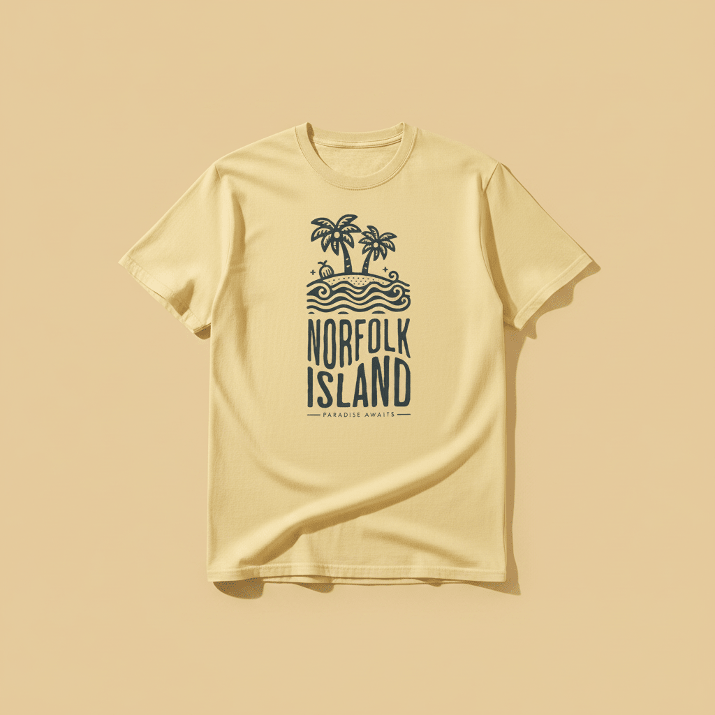 Norfolk Island Tee in Butter Yellow — front graphic, warm sand studio background