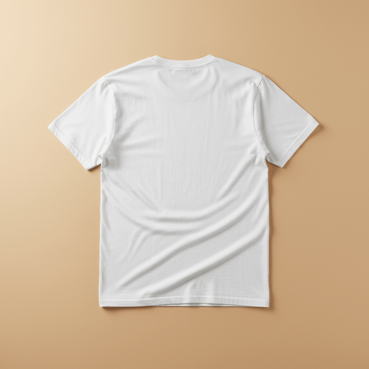 Norfolk Island Tee in White — plain back, warm sand studio background