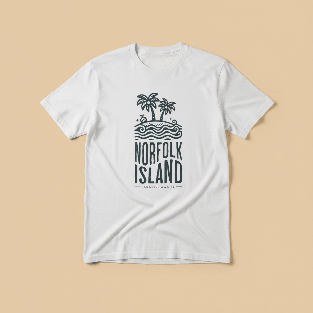 Norfolk Island Tee in White — front graphic, warm sand studio background