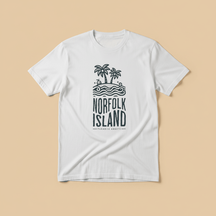 Norfolk Island Tee in White — front graphic, warm sand studio background