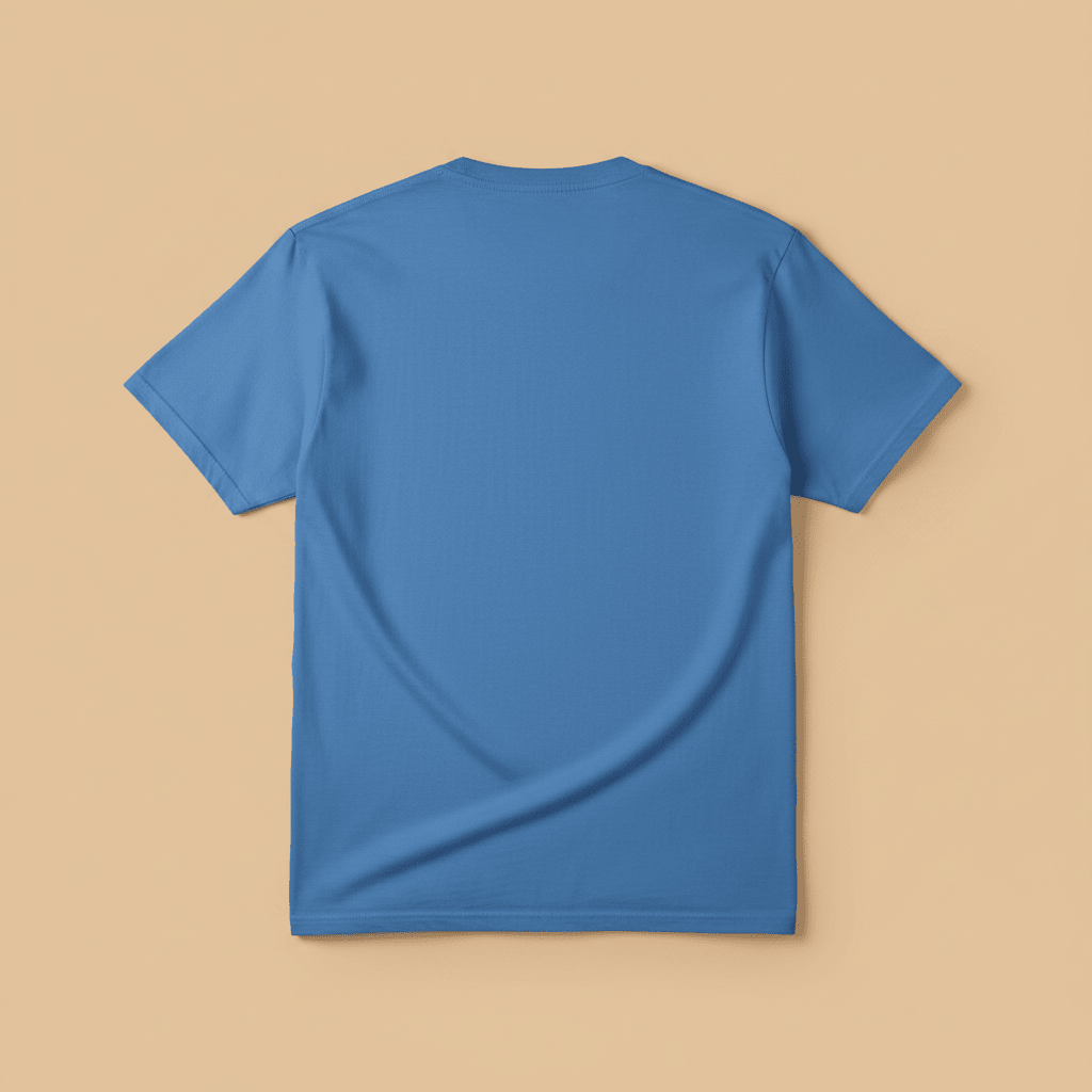 Norfolk Island Tee in Blue — plain back, warm sand studio background