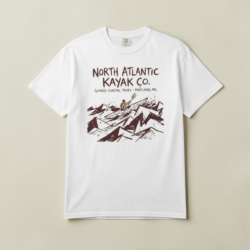 North Atlantic Kayak Co. Graphic Tee — White on Colorful Driftwood