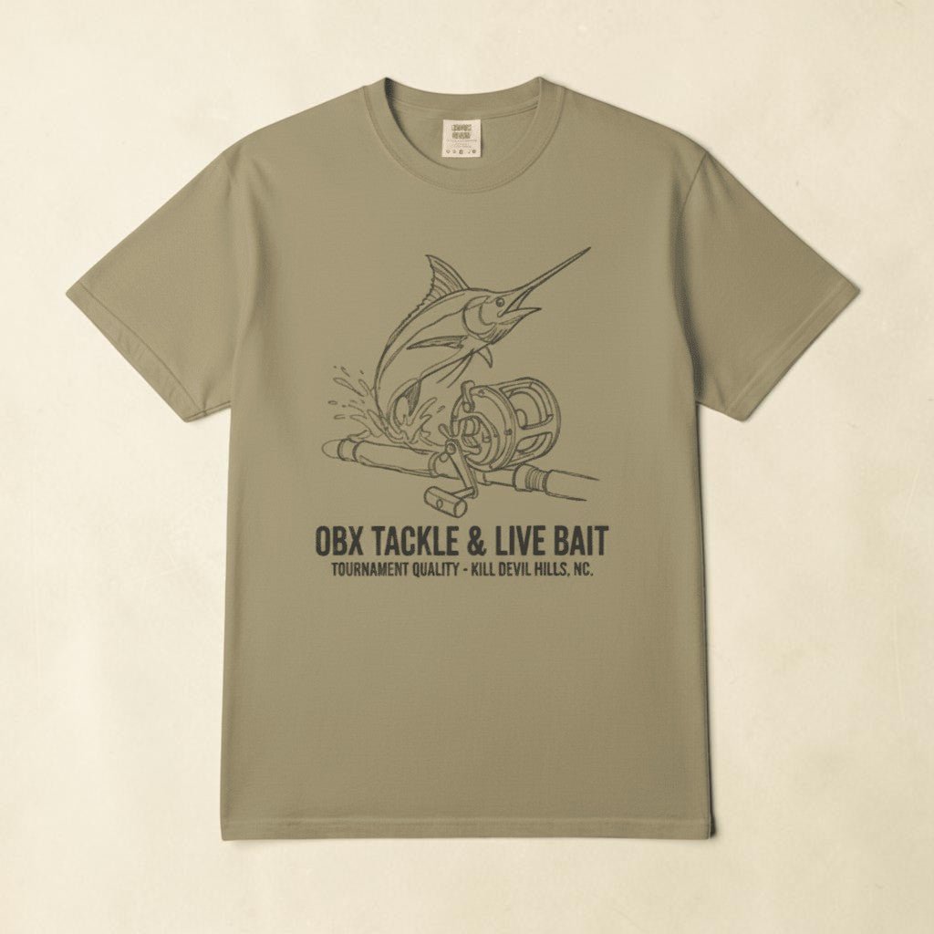 Khaki OBX Tackle &amp; Live Bait marlin tee on sandy beige background — mobile product shot