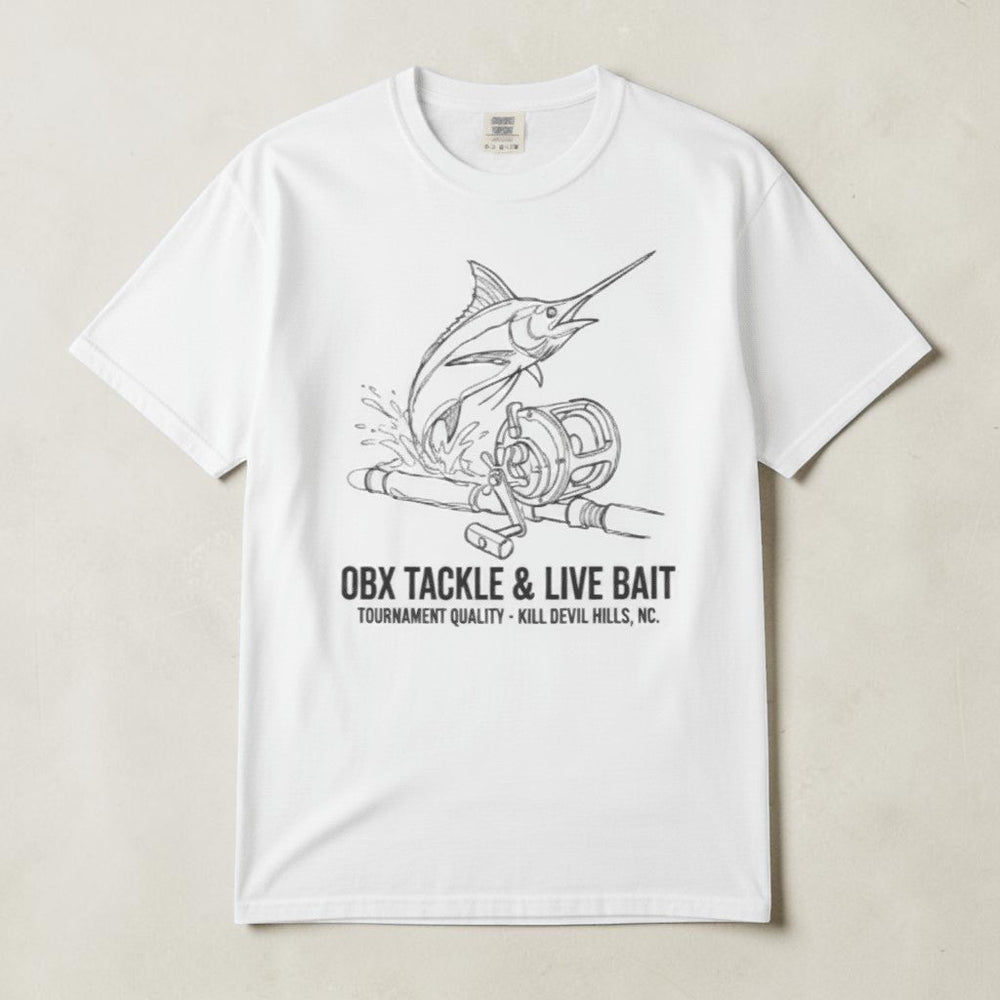 White OBX Tackle & Live Bait marlin tee on sandy beige background — mobile product shot
