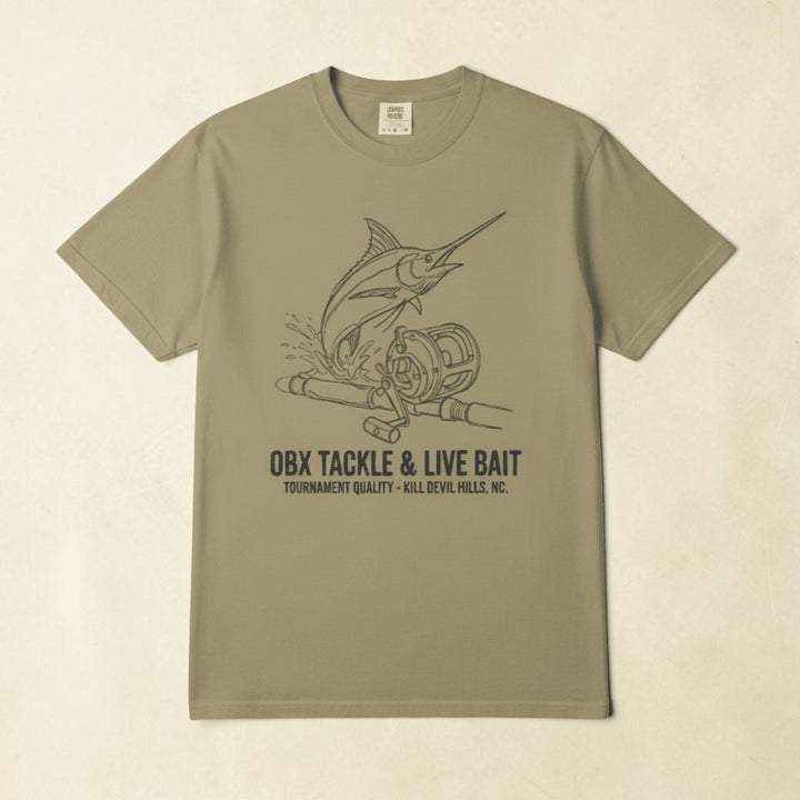 Khaki OBX Tackle &amp; Live Bait marlin tee on sandy beige background — mobile product shot