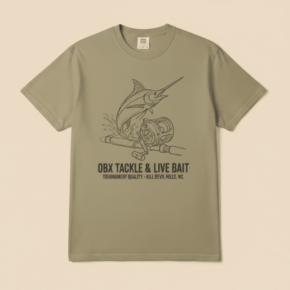 Khaki OBX Tackle & Live Bait marlin tee on sandy beige background — mobile product shot