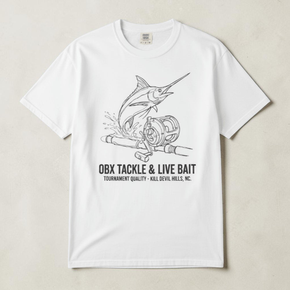 White OBX Tackle & Live Bait marlin tee on sandy beige background — mobile product shot