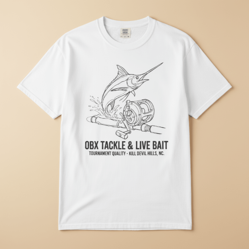 White OBX Tackle & Live Bait marlin tee on sandy beige background — mobile product shot