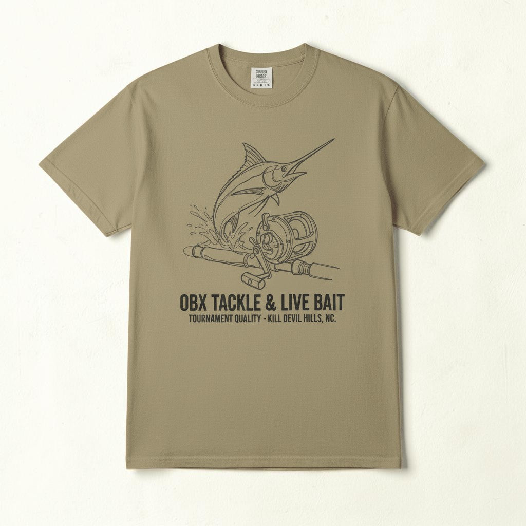 OBX Tackle & Live Bait Graphic Tee — Khaki on Colorful Driftwood