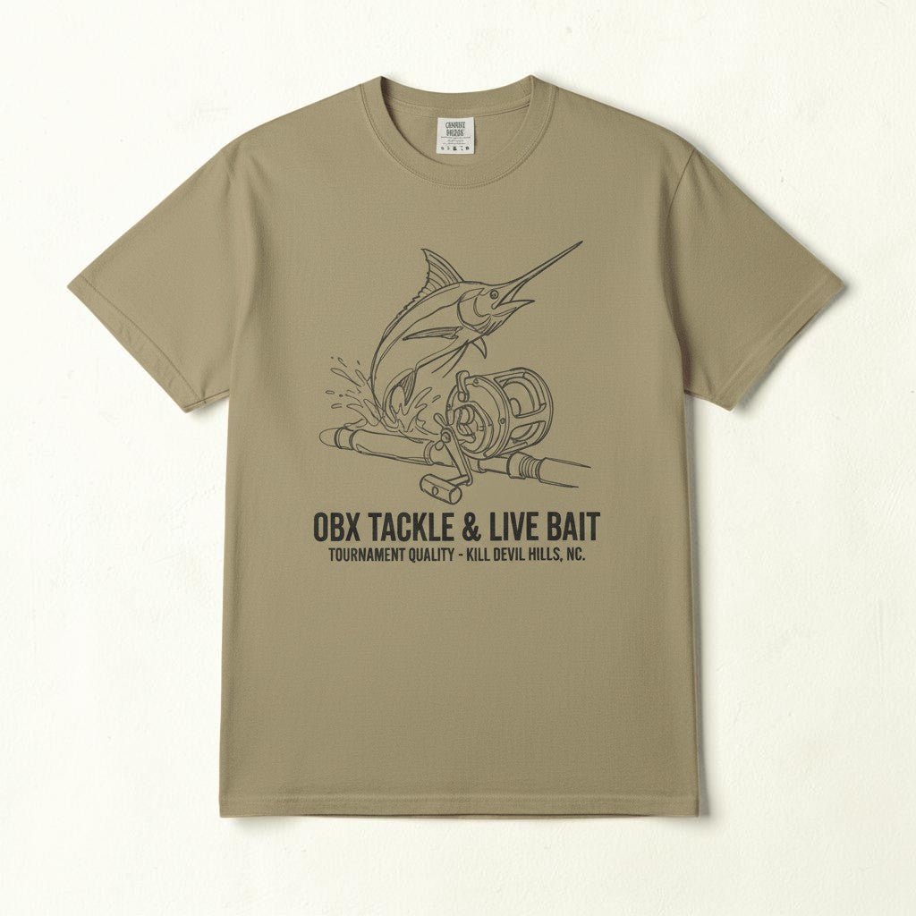 OBX Tackle & Live Bait Graphic Tee — Khaki on Colorful Driftwood