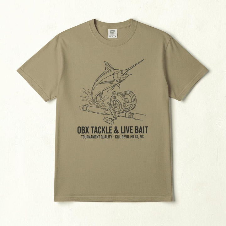 OBX Tackle &amp; Live Bait Graphic Tee — Khaki on Colorful Driftwood