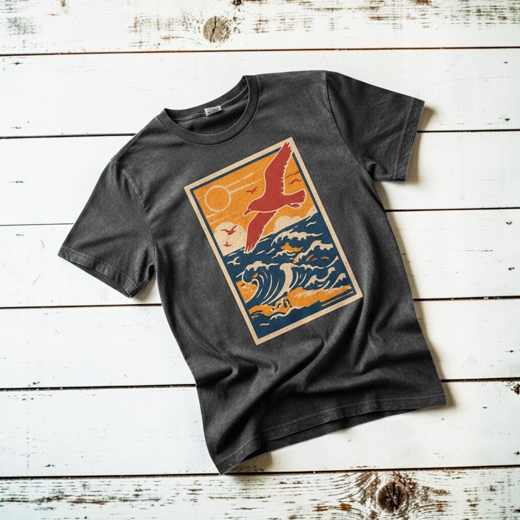Ocean Beach Summer Breeze pepper garment-dyed tee tossed on retro-grunge driftwood planks