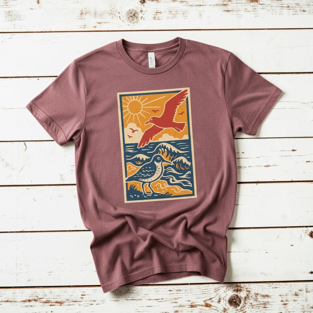 Ocean Beach Summer Breeze brick garment-dyed tee tossed on retro-grunge driftwood planks