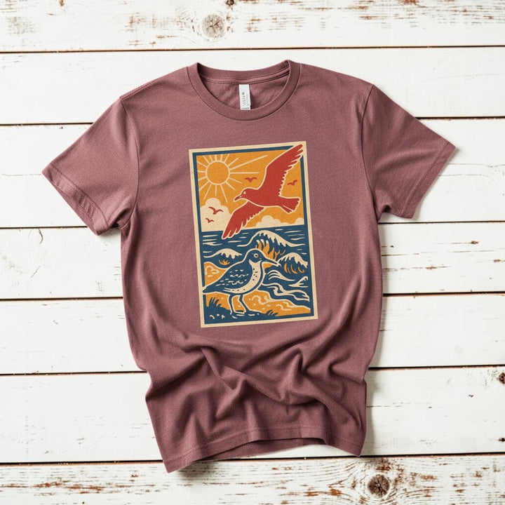 Ocean Beach Summer Breeze brick garment-dyed tee tossed on retro-grunge driftwood planks