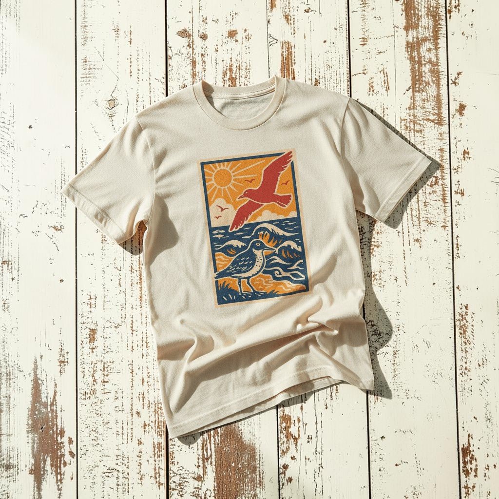 Ocean Beach Summer Breeze ivory garment-dyed tee tossed on retro-grunge driftwood planks
