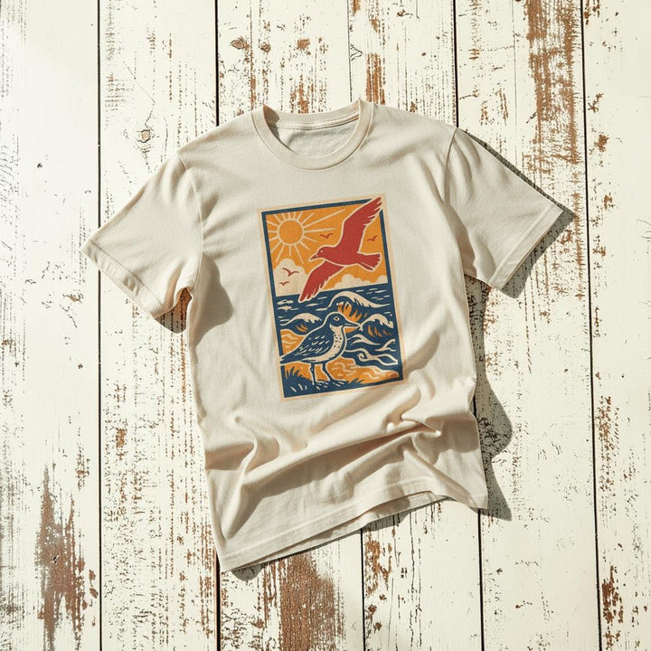 Ocean Beach Summer Breeze ivory garment-dyed tee tossed on retro-grunge driftwood planks