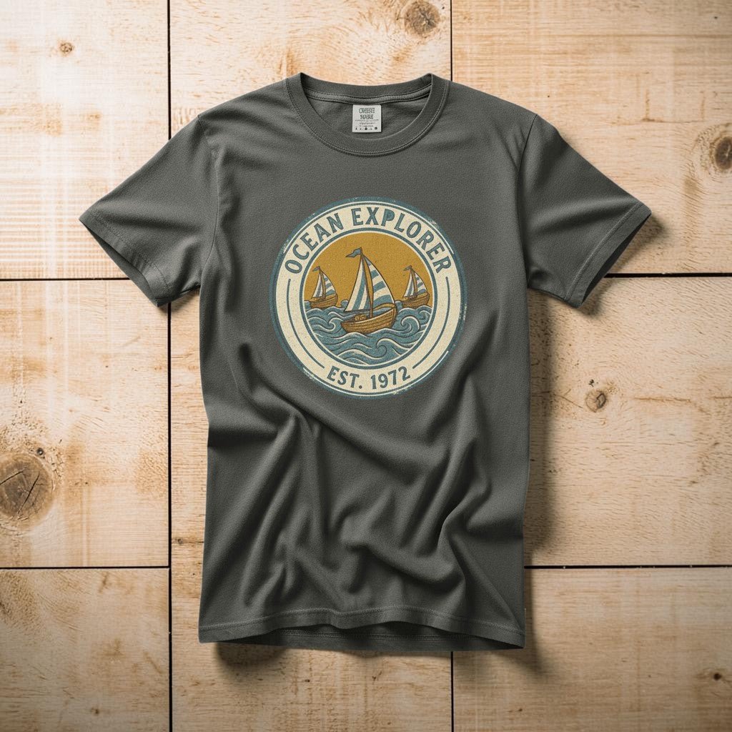 Ocean Explorer pepper garment-dyed tee casually tousled on rustic reclaimed wood