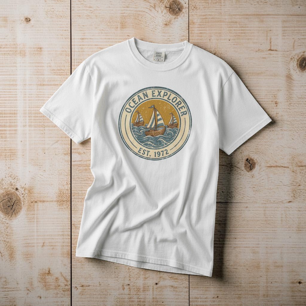 Ocean Explorer white garment-dyed tee casually tousled on rustic reclaimed wood