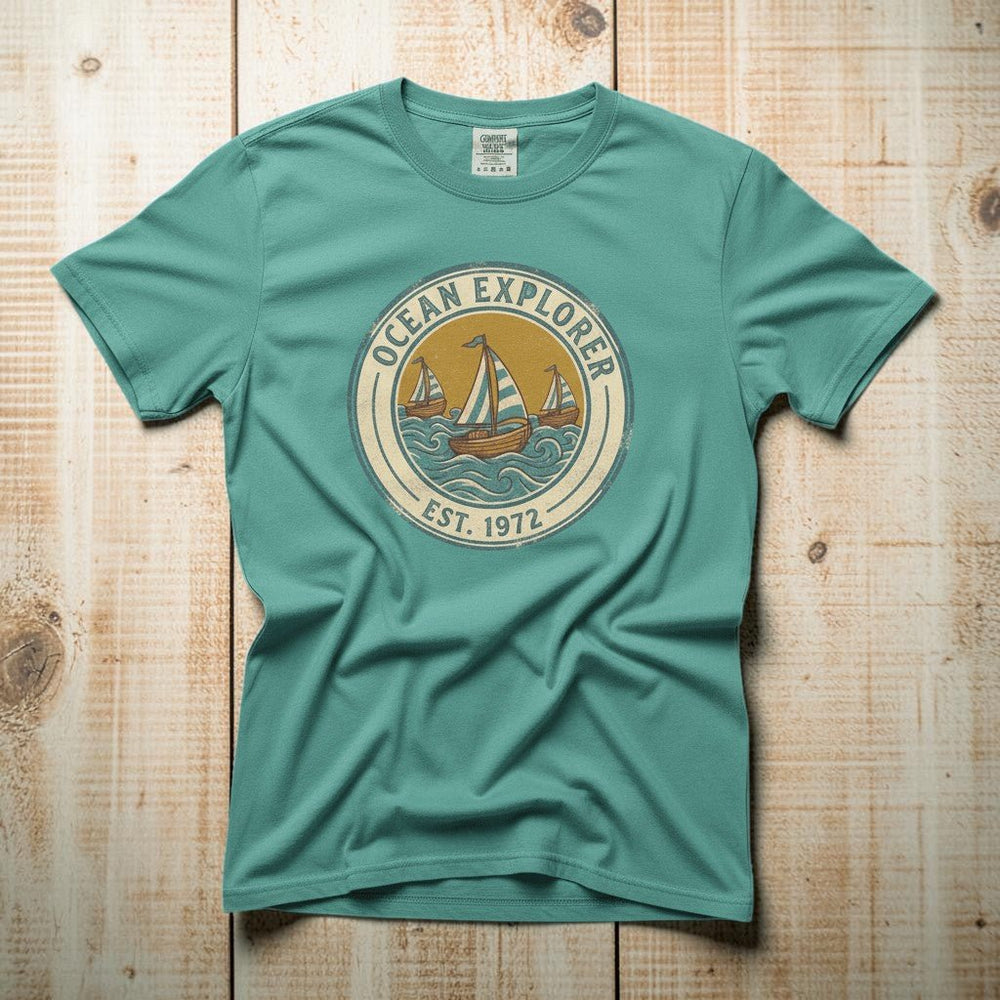 Ocean Explorer seafoam garment-dyed tee casually tousled on rustic reclaimed wood