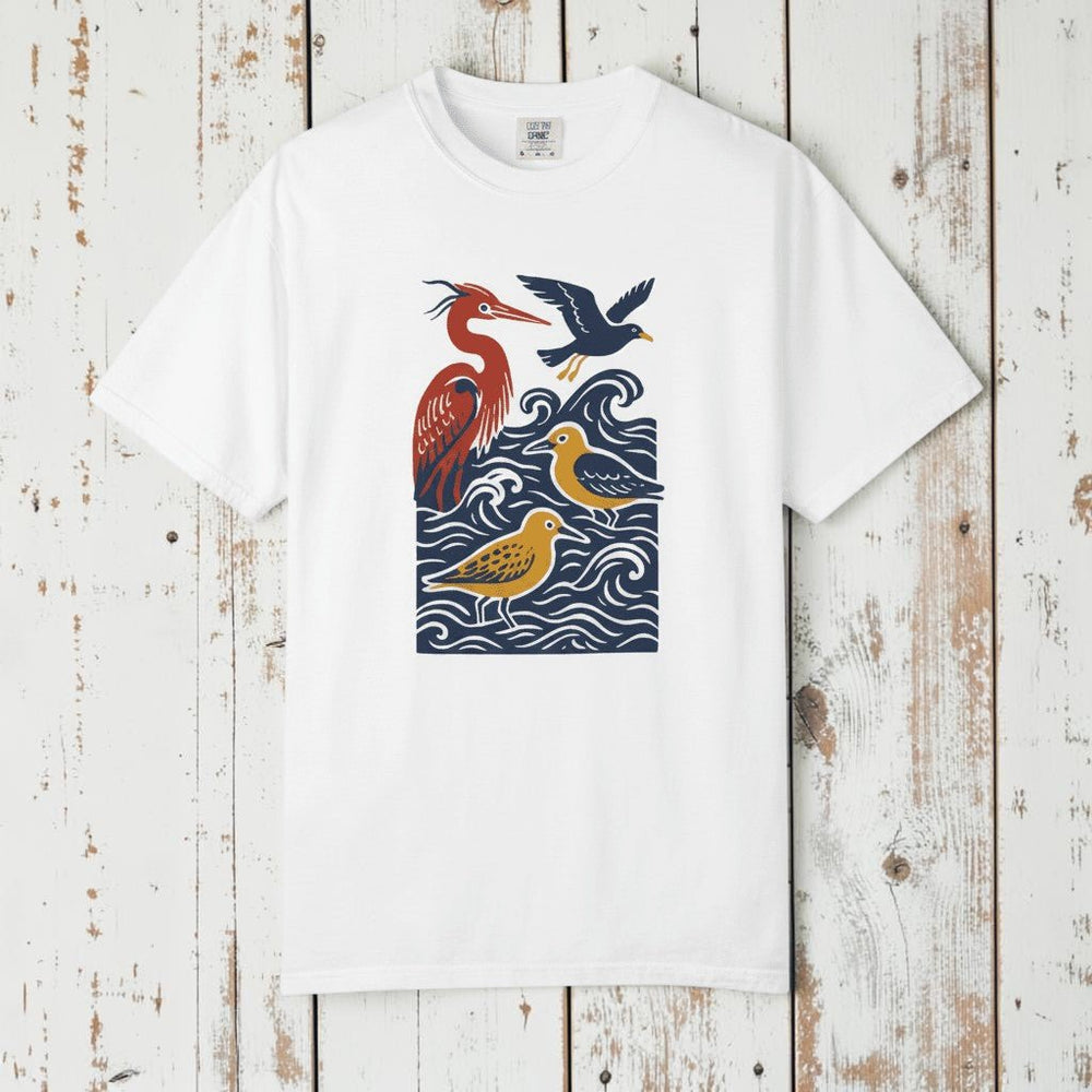 White coastal birds tee - white background