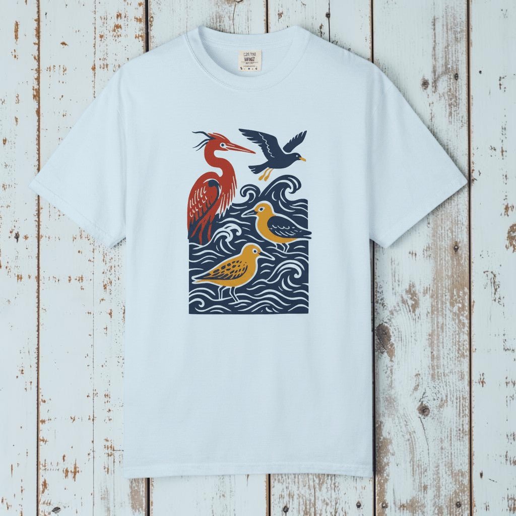 Sky blue coastal birds tee - white background