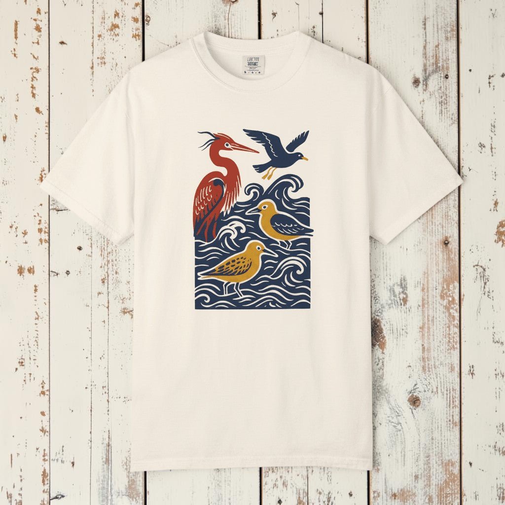 Cream coastal birds tee - white background