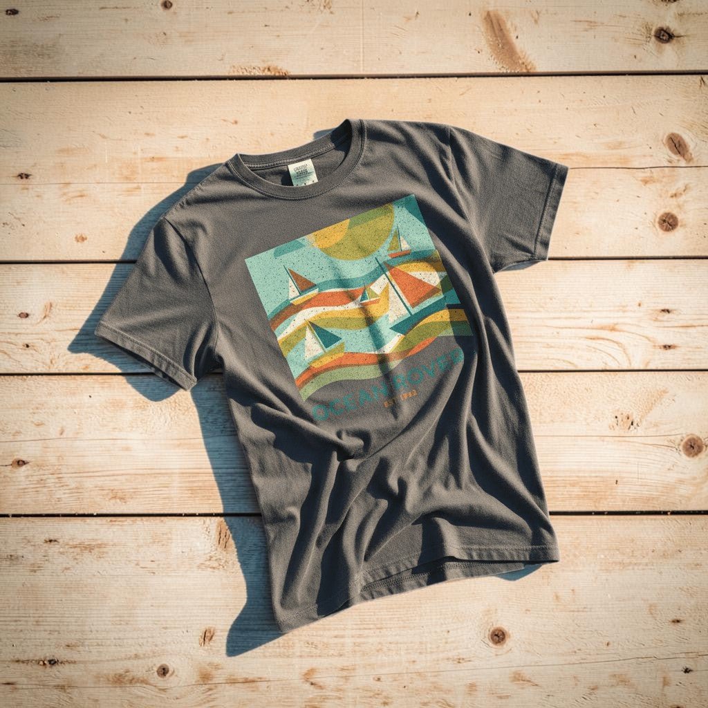 Ocean Rovers graphite garment-dyed tee on light cracked cement with wet marks