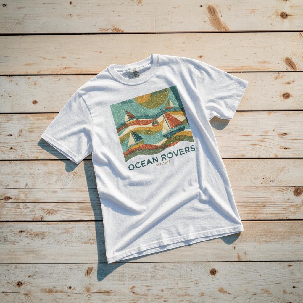 Ocean Rovers white garment-dyed tee on light cracked cement with wet marks