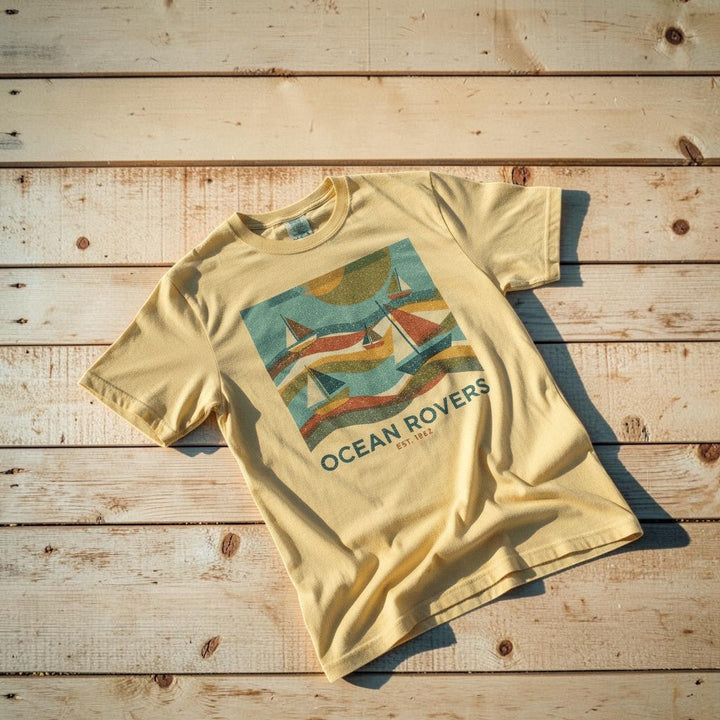 Ocean Rovers banana garment-dyed tee on light cracked cement with wet marks