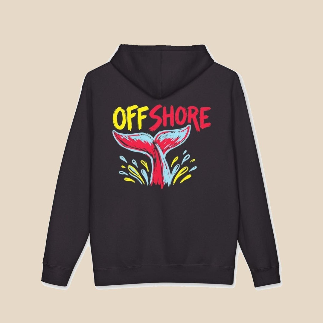 Offshore Whale Tail hoodie flat lay, view 7 — nautical surf graphic pullover by Five Tides Apparel