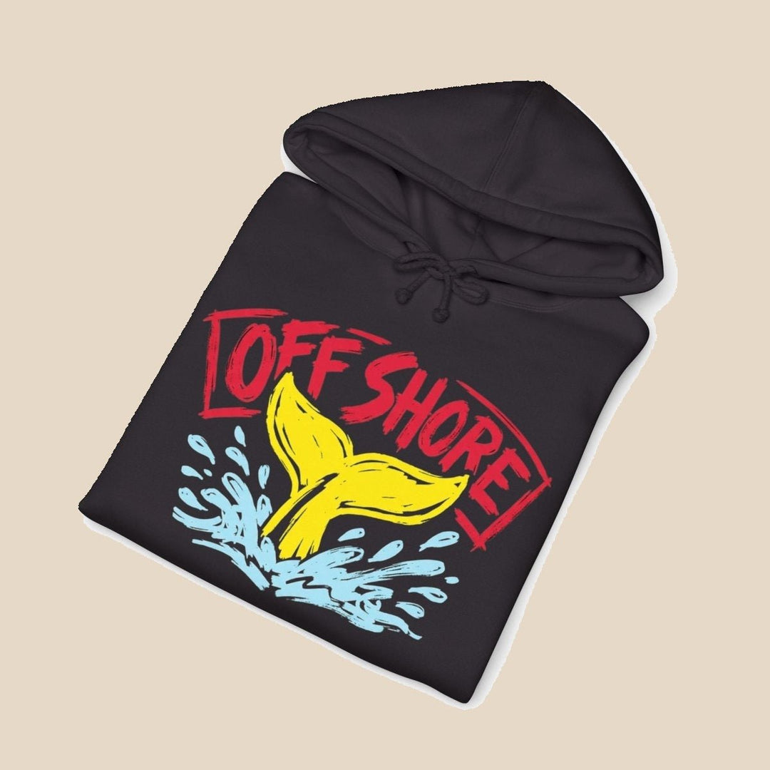 Offshore Whale Tail hoodie flat lay, view 8 — nautical surf graphic pullover by Five Tides Apparel