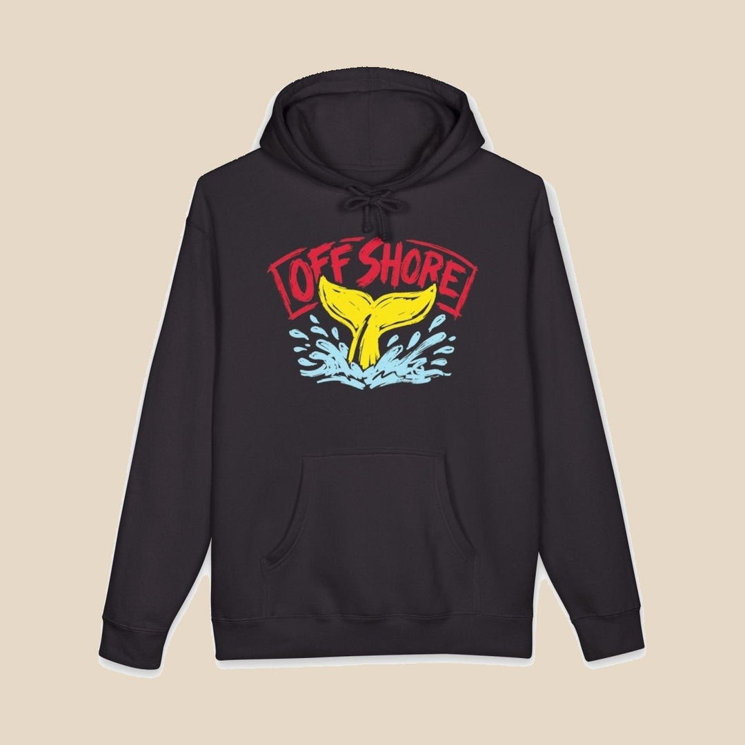 Offshore Whale Tail hoodie flat lay, view 2 — nautical surf graphic pullover by Five Tides Apparel