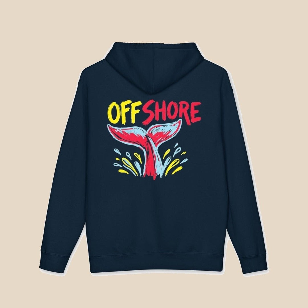 Offshore Whale Tail hoodie flat lay, view 3 — nautical surf graphic pullover by Five Tides Apparel