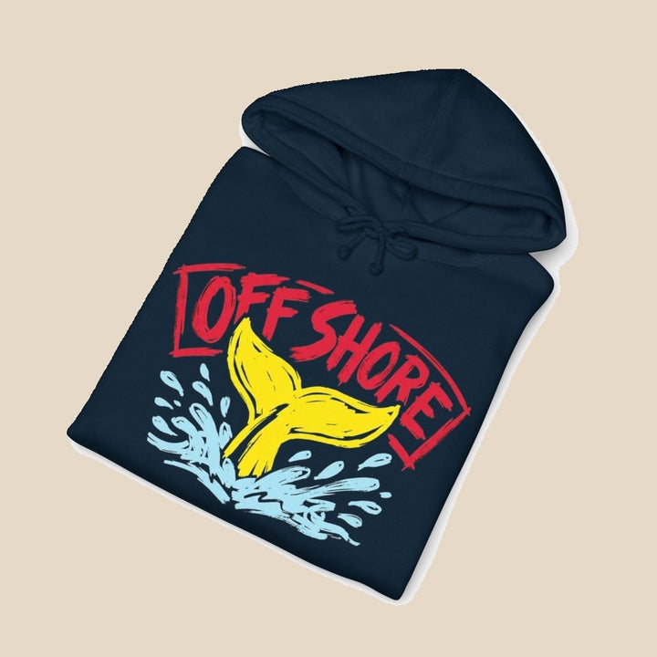Offshore Whale Tail hoodie flat lay, view 4 — nautical surf graphic pullover by Five Tides Apparel