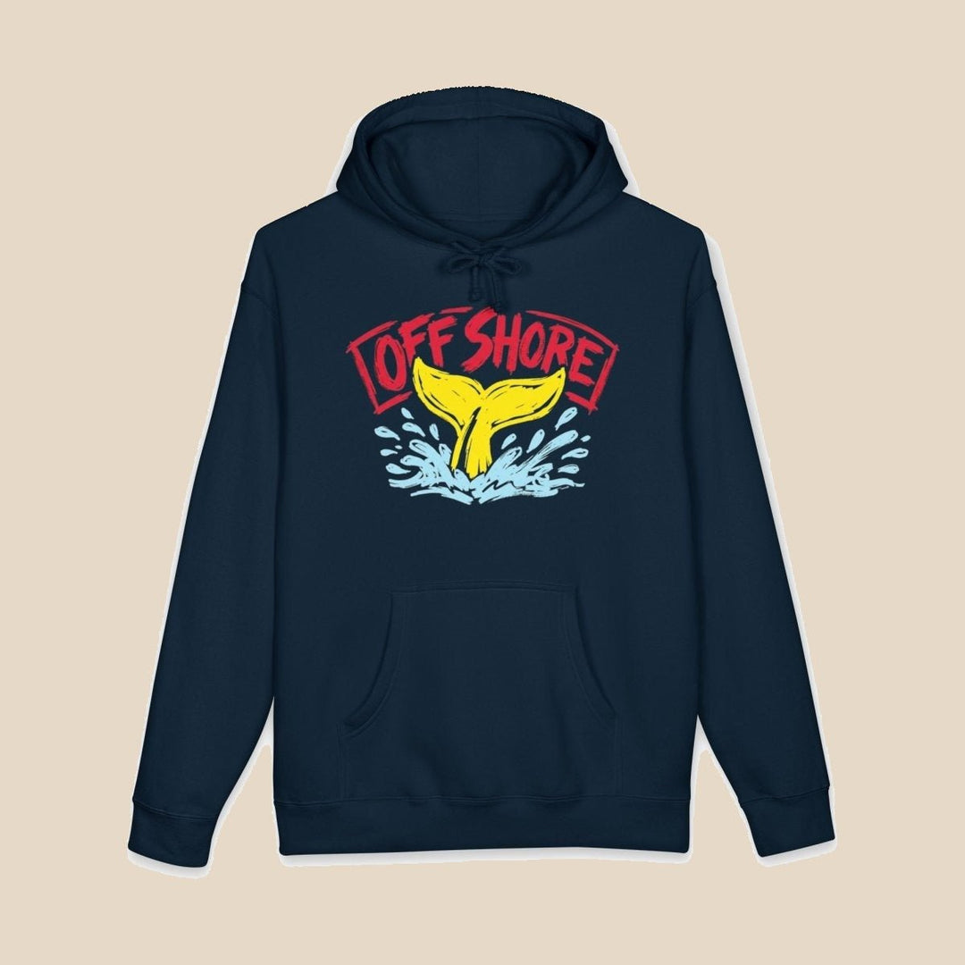 Offshore Whale Tail hoodie flat lay, view 1 — nautical surf graphic pullover by Five Tides Apparel