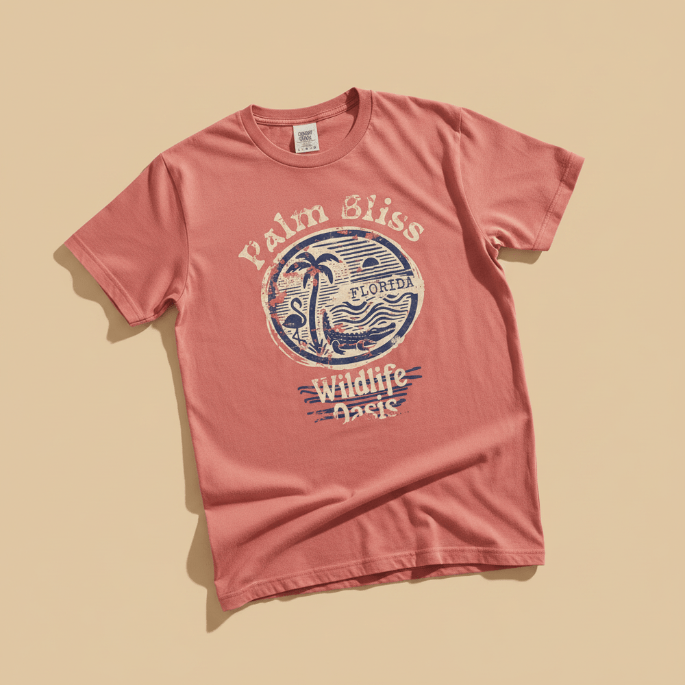Palm Bliss Wildlife Oasis Tee in Coral Pink — front graphic, warm sand studio background