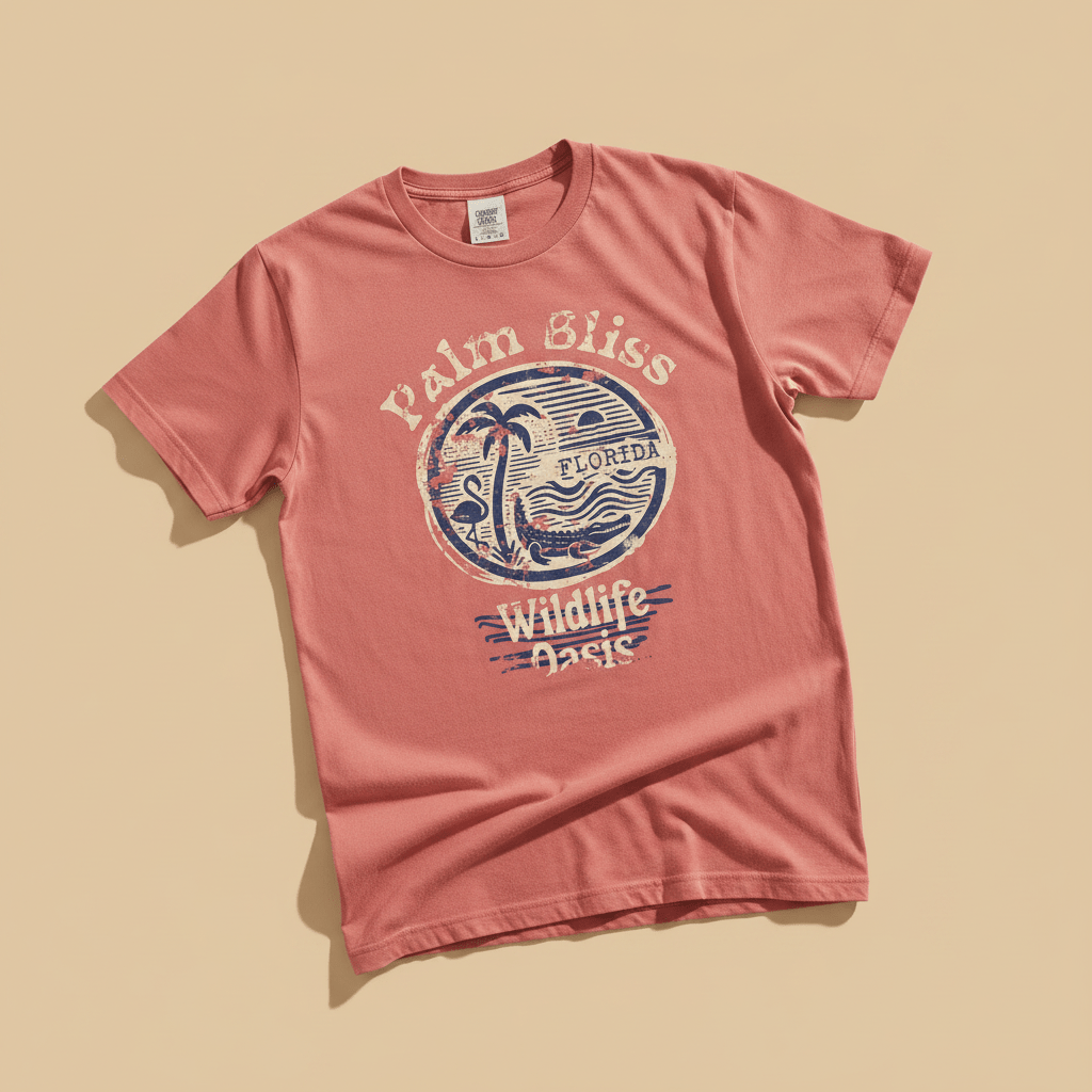 Palm Bliss Wildlife Oasis Tee in Coral Pink — front graphic, warm sand studio background