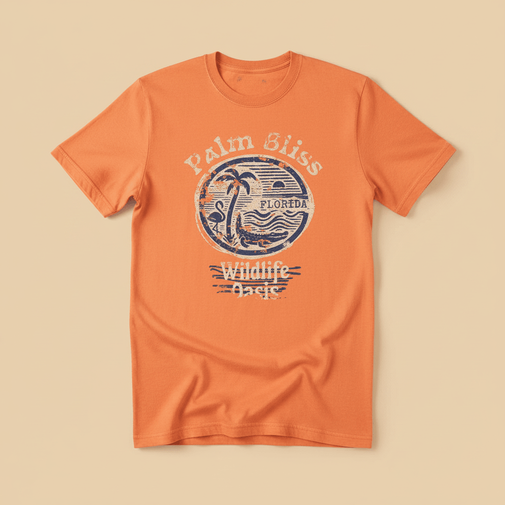 Palm Bliss Wildlife Oasis Tee in Orange — front graphic, warm sand studio background