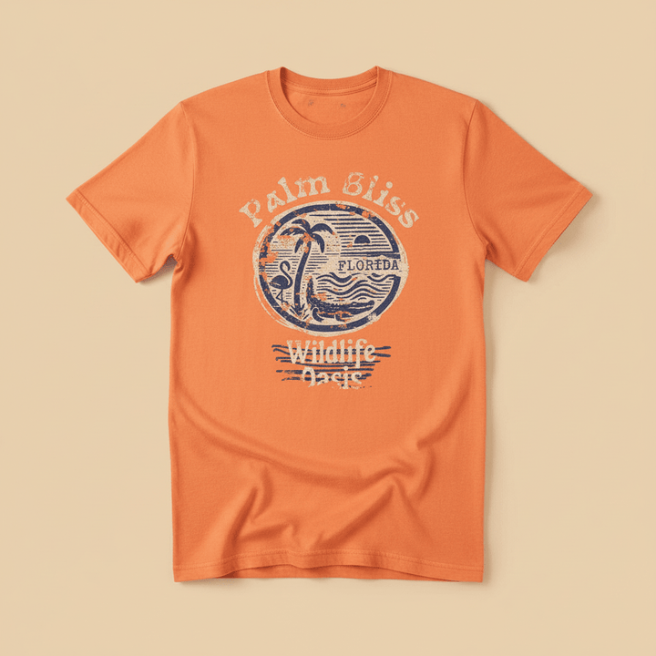 Palm Bliss Wildlife Oasis Tee in Orange — front graphic, warm sand studio background