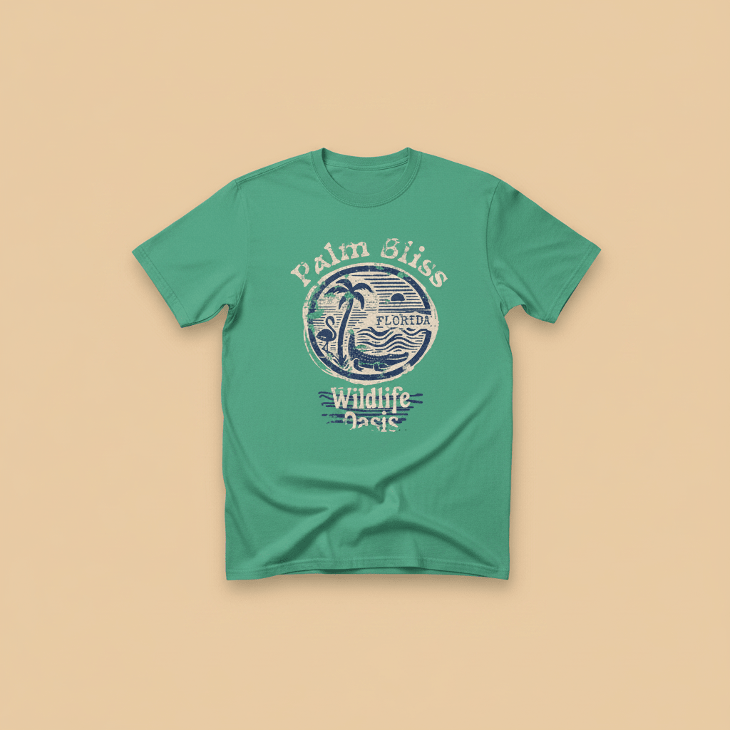 Palm Bliss Wildlife Oasis Tee in Mint Green — front graphic, warm sand studio background