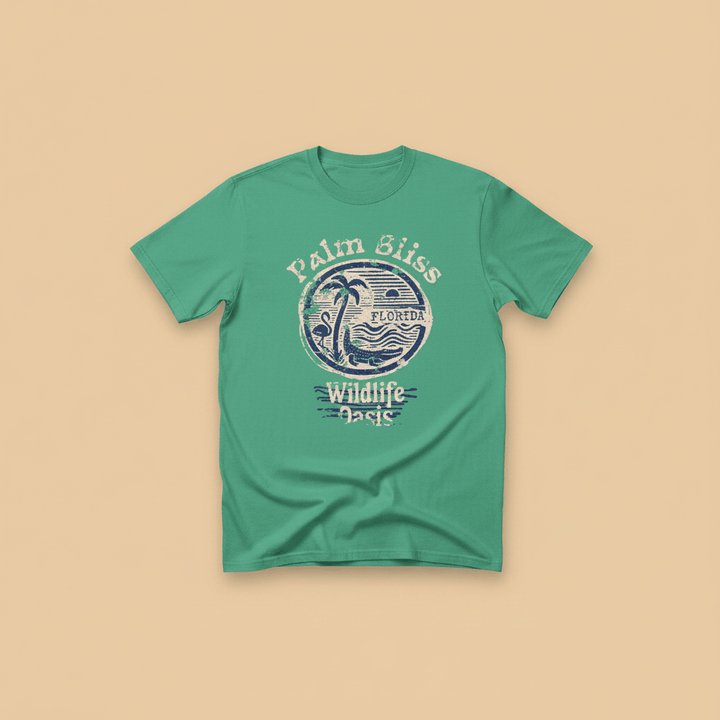 Palm Bliss Wildlife Oasis Tee in Mint Green — front graphic, warm sand studio background