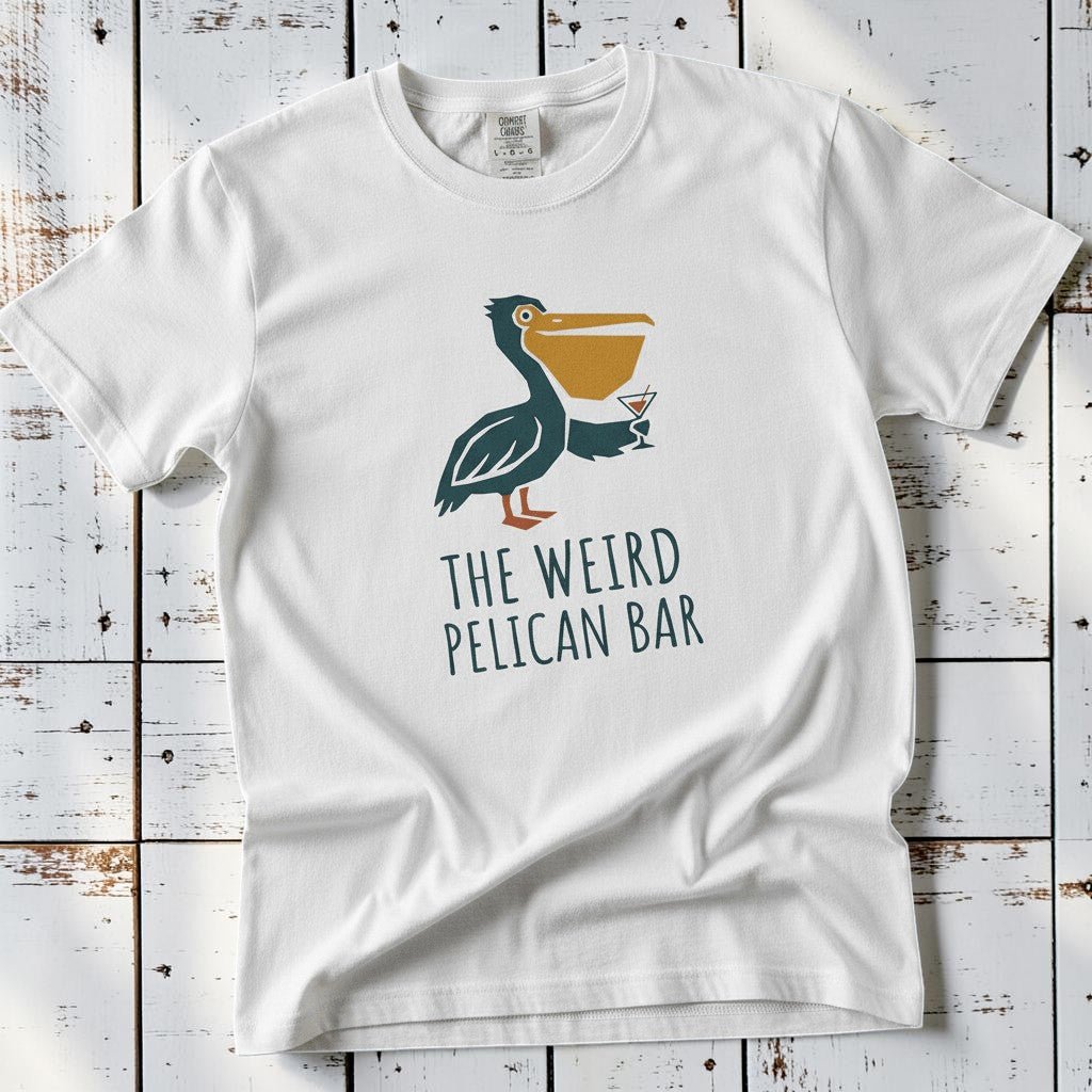 Pelican Bar white garment-dyed tee on weathered wood planks