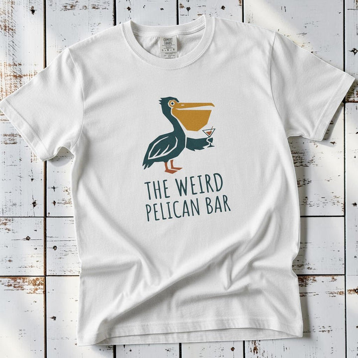 Pelican Bar white garment-dyed tee on weathered wood planks