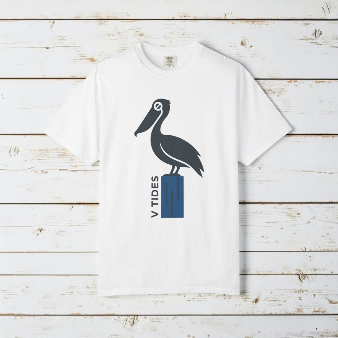 White t-shirt with a pelican graphic and &