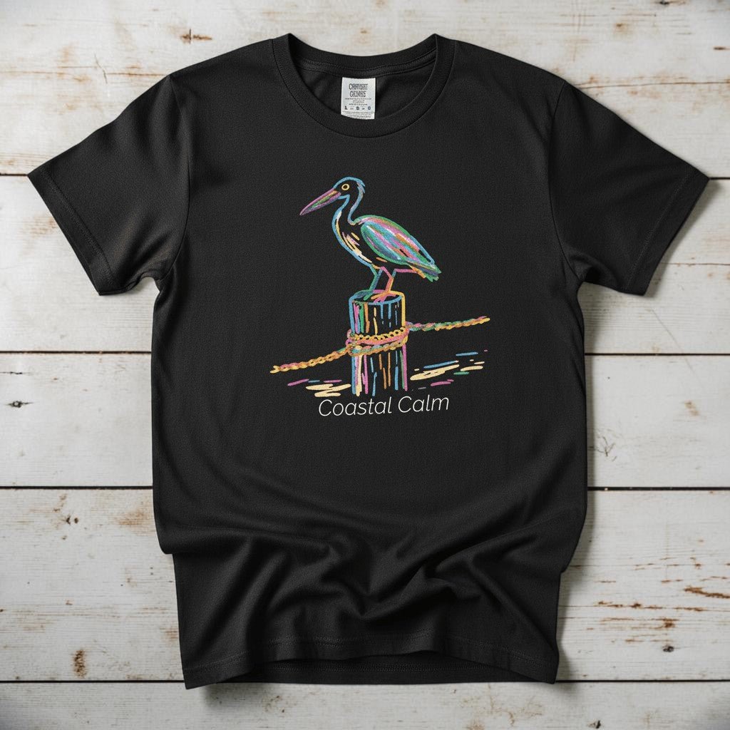 Pelican Pier Coastal Calm black garment-dyed tee on faded driftwood planks